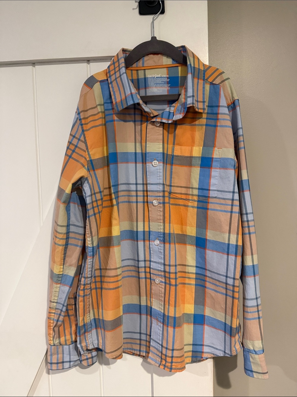 Boy’s Plaid Button-Up Shirt in Orange & Blue